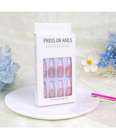 Super Long French Fake Nails with White Flowers Rhinestones - 24PCS - Buy Online on GoSupps.com