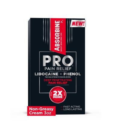 Absorbine Jr. PRO Max Strength Lidocaine Cream Maximum Strength Numbing Pain Relief with Phenol for Fast-Acting Relief of Nerve Pain Muscle Aches and Joint Discomfort Non-Greasy Formula 3oz. Tube