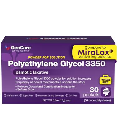 GenCare Polylethylene Glycol 3350 Powder for Solution 30 Travel Packets Unflavored Grit-Free Clear PEG 3350 for Occasional Constipation Relief for Women & Men Generic MiraLAX Laxative Powder 30 Count (Pack of 1)