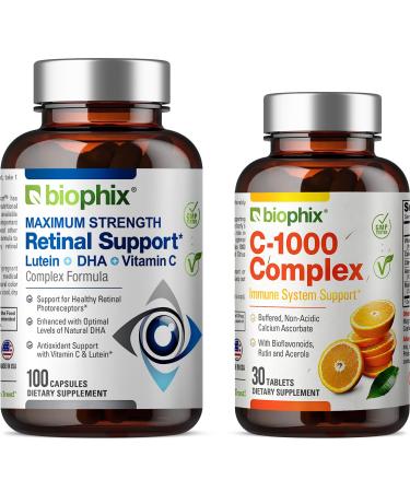 biophix Retinal Support Maximum Strength Complex Formula 100 Capsules - Free C-1000 30 Tablets - Zinc Vitamin C E Lutein DHA Omega-3 Astaxanthin Hyaluronic Acid - Supports Eye Vision Health