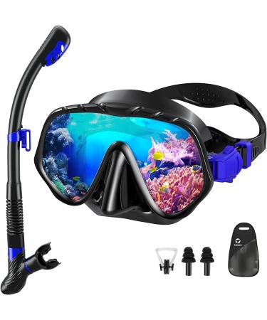 TAWAK Snorkeling Gear for Adults, Snorkel Mask Adult Set Panoramic View Snorkeling Mask with Tempered Glass Anti-Leak Dry Snorkel Set, Snorkel Goggles with Adjustable Strap for Snorkeling Scuba Diving Panoramic View Style