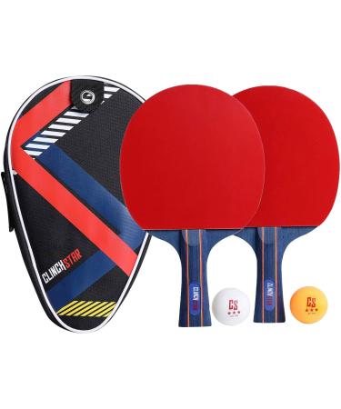 Clinch Star Ping Pong Paddle Table Tennis Racket Professional Set - 3 Star Balls & Organizing Carry Case - Hooks to Table 2 Rackets 2 Ping Pong Balls
