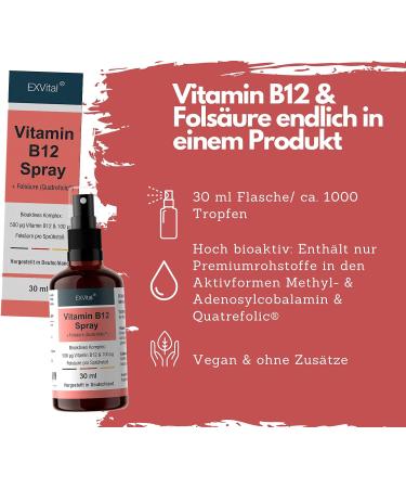 Vitamin B12 Spray - 500 g B12 + 100 g Folic Acid | Vegan Bioactive Quatrefolic | Made in Germany - Buy Online on GoSupps.com