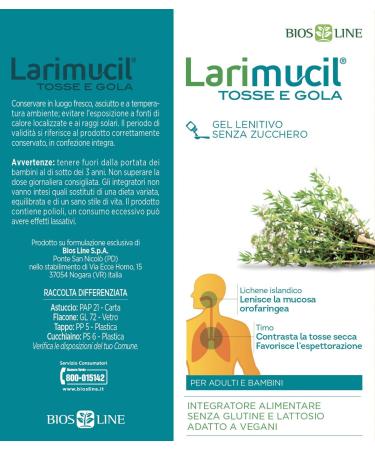 BIOS LINE Larimucil cough and neck syrup food supplement cough soothing liquid gel counteracts dry cough and fat soothes the oropharyngeal mucosa 120 ml bottle without - Buy Online on GoSupps.com