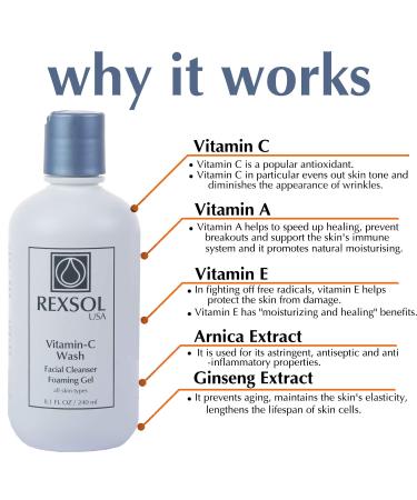 REXSOL Vitamin C Foaming Gel Face Wash | Anti-Aging Facial Cleanser for Sensitive Skin | Natural Daily Cleanser with Vitamins A & E - 8.1 OZ - Buy Online on GoSupps.com