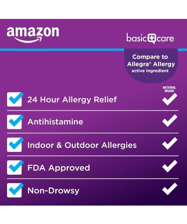 Buy Amazon Basic Care 24 Hour Allergy Relief Fexofenadine Hydrochloride 180mg Geltabs - Non-Drowsy Antihistamine 60 Count - International Shipping Available - Buy Online on GoSupps.com