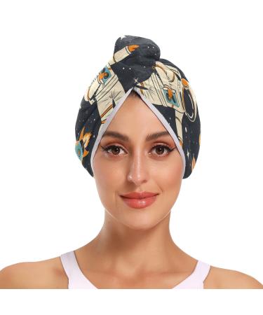 Astronauts Spaceships and Planets Hair Towel 2 Pack Super Absorbent Hair Drying Towel Quick Dry Hair Turbans Head Towel with Button Twisty Wrap for Women Girls