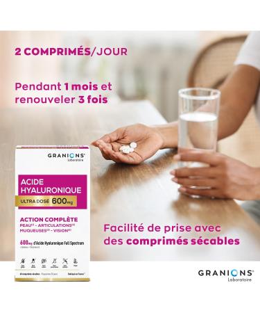 Acide Hyaluronique Ultra dos 600 mg GRANIONS - Biotine - Hydratation intense peau - Niacinamide - Complexe Vitamine B - Anti-ride - Stimule production collagene - Vegan - Fabriqu en France 60 unit (Lot de 1) - Buy Online on GoSupps.com