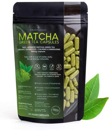 Organic Matcha Green Tea Capsules - Natural Energy Boost - Clean Gradual Caffeine - Japanese Matcha Green Tea Pills - 100% Natural Antioxidant - Calming and Relaxing - 160 Daily Capsules - 750/mg