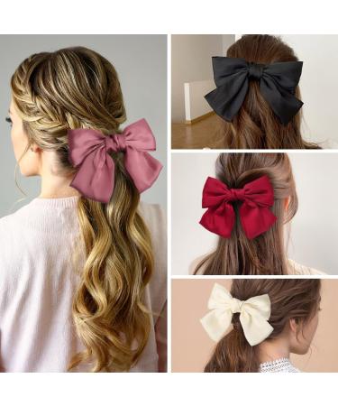 Bow Hair Clips 4PCS Hair Ribbon with Stylish Soft Satin Silky Bows for Hair Bows for Women Girls (Black White Red and Pink) - Buy Online on GoSupps.com