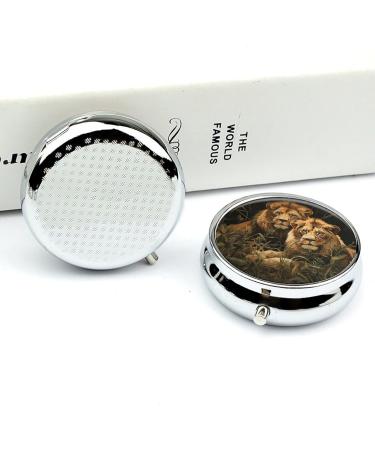 Round Pill Box with Two Lions Print - 3 Compartment Portable Medicine Organizer | Decorative Metal Pocket Pill Case - Buy Online on GoSupps.com