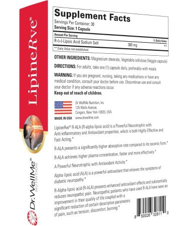 Dr. WellMe Lipinerve R Alpha Lipoic Acid 300mg Capsules - Antioxidant Supplement Kosher | Halal 30 Count Made in USA - International Shipping Available - Buy Online on GoSupps.com