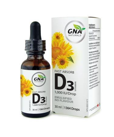 GNA Naturals - Fast Absorb Vitamin D3 1 000 Iu/Drop - Emulsified No Flavour 30ml/ 1364 drops 30 milliliter