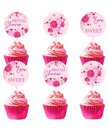 Cheereveal Hot Pink Bridal Shower Decorations - 36 Pack Bridal Shower Cupcake Toppers Love is Sweet Cupcake Dessert Picks Bachelorette Wedding Engagement Party Supplies