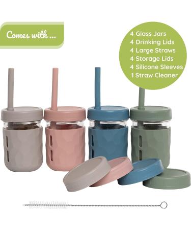 WeeSprout Glass Cups with Lids & Straws - Set of 4 Spill-Resistant Cups for Toddlers & Kids - Versatile Toddler Cups and Baby Food Storage Jars - Includes XL Silicone Straws and Easy-Grip Sleeves - 8 oz Matte Green, Pink, Blue - Buy Online on GoSupps.com