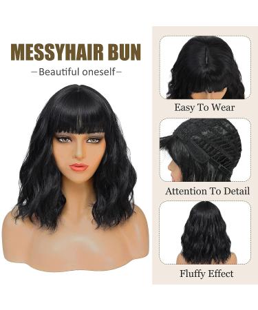 CAIXIU HAIR Short Black Bob Wig with Bangs - 14 Inch Natural Wavy Hair for Women - Perfect for Daily Wear, Parties, and Cosplay - Buy Online on GoSupps.com