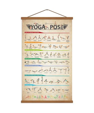 SAGUEYU Yoga Poses Poster Vintage Home Gym Full Body Workout Beginner Yoga Position Chart Canvas Prints Yoga Lover Gift 16" X 27" with Frame