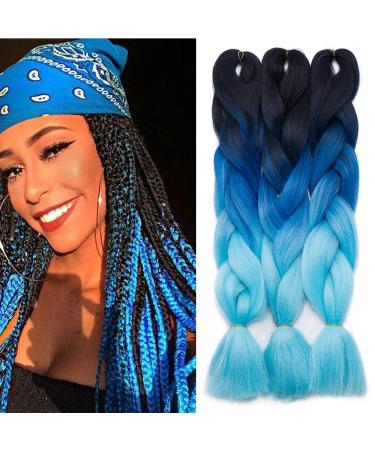 24" Hair Extension Crochet Braids Extensions Braiding Hair Synthetic 3 Pcs/300g 24" Black to Dark Blue to Light Blue-2