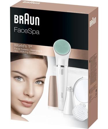 Braun FaceSpa 3-in-1 Epilator Hair Removal & Cleansing Brush | Lighted Mirror & Beauty Pouch Included | White 851V - Buy Online on GoSupps.com
