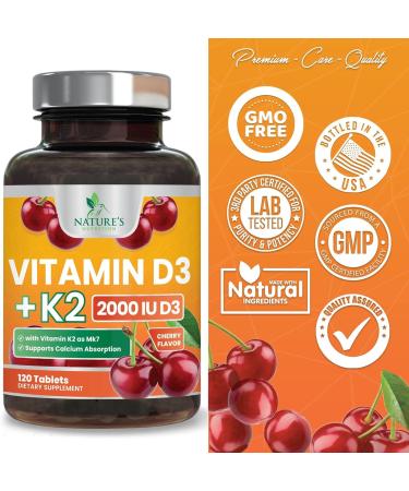 High Potency Vitamin D3 + K2 (MK-7) 2-in-1 Formula - 120 Chewable Tablets for Heart, Bone & Immune Health - Buy Online on GoSupps.com