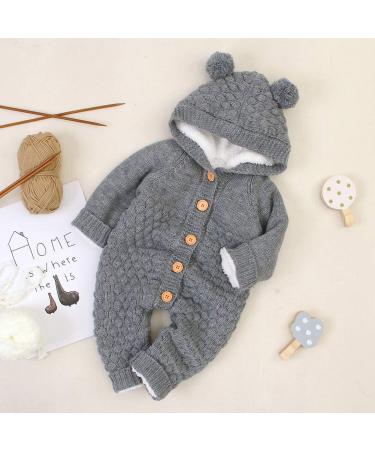 VICROAD Baby Hooded Knitted Romper 6-12 Months Grey - Warm Sweater Jumpsuit for Newborn Girls Boys - Buy Online on GoSupps.com