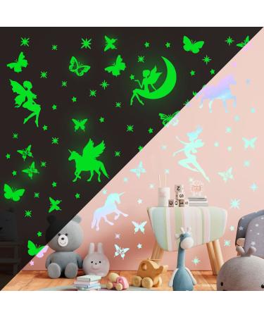 Glow in The Dark Stars Stickers Unicorn Fairy Butterfly Wall Decals Stickers DIY Fluorescent Adhesives Wall Stickers for Nursery Girls Kids Bedroom Living Room Home Decoration Unicornfee WallStickers