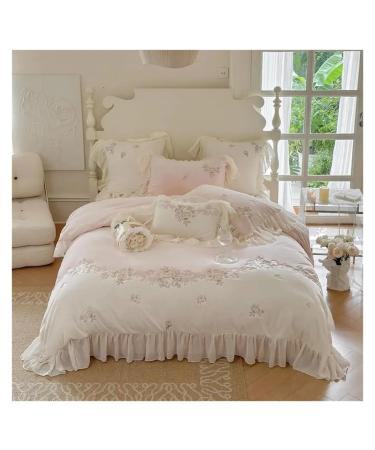 Rose Flowers Embroidery Romantic French Lace Ruffles Bedding Set Plush Warmth Velvet Fleece Duvet Cover Set Bed Sheet Pillowcase Bedding Set (Pink Flat Sheet Style_Queen)