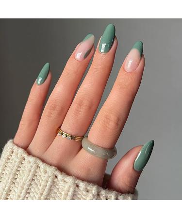 24 Pcs Press on Nails Medium, Sunjasmine Almond Fake Nails with Nail Glue, False Nails with Designs Acrylic Nails Glue on Nails for Women and Girls (Green)