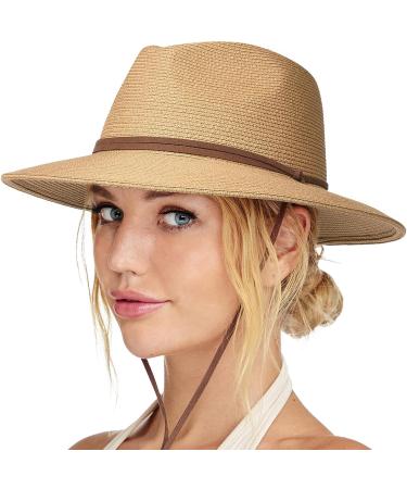 Women's UPF 50+ Khaki Straw Sun Hat with Wide Brim and Wind Lanyard for Summer - Medium-Large - Buy Online on GoSupps.com
