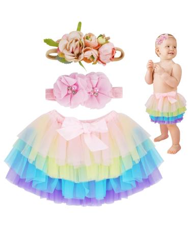 PHOGARY Tutu Skirt for Baby Girls Birthday Fluffy Ruffle Tulle Layered with Diaper Cover w/Flower Headband for Infant Toddler Outfit