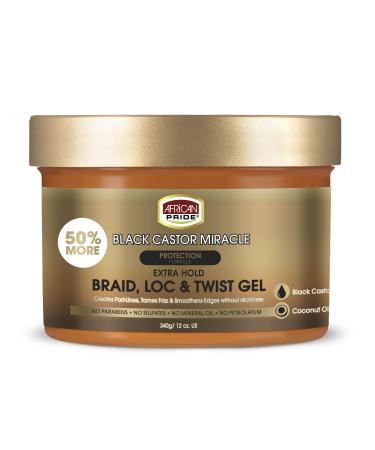 African Pride Black Castor Miracle Extra Hold Braid, Loc, Twist Gel - Tames Frizz & Controls Edges, No Parabens, No Sulfates, No Mineral Oil, No Petrolatum, Contains Black Castor & Coconut Oil, 12 oz 12 Ounce (Pack of 1)