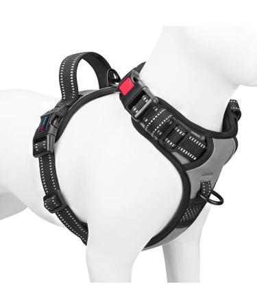 Phoepet anti-educational dog harness reflective adjustable with training handle name ID card 2 metal linen hooks 3 snap buckles easy tightening and losing weight S gray black small