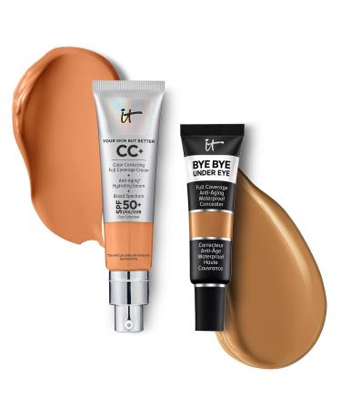 IT Cosmetics CC+ Cream with SPF 50+ Natural Finish Full Coverage Foundation (Tan Cool - 1.08 fl oz) & Bye Bye Undereye Concealer Anti-Aging Makeup (35.0 Rich Amber - 0.4 fl oz)