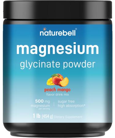 NatureBell Magnesium Glycinate Powder 500mg 1lb (16oz) | 100% Chelated for High Absorption | Peach Mango Flavor | Supports Muscle Bone & Heart Health | Sugar-Free Bitterless Non-GMO Vegan