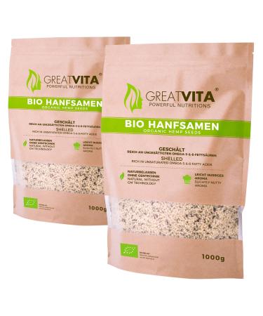 GreatVita Organic Hemp Seeds Shelled (2 x 1000g) Natural Protein Protein 1 kg (Pack of 2)