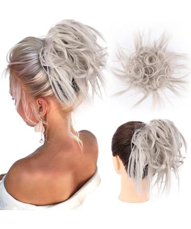 HMD Tousled Updo Messy Bun Hairpiece Hair Extension Ponytail with Elastic Rubber Band Updo Ponytail Hairpiece Synthetic Hair Extensions Scrunchies Ponytail Hairpieces for Women(Tousled Updo Bun, Silver Grey)) Tousled Updo …