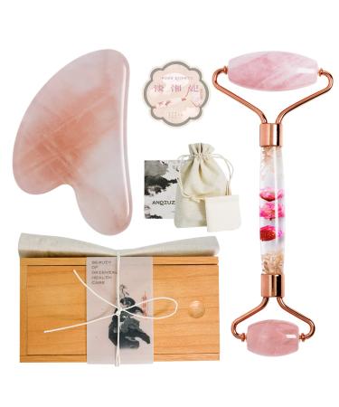 Gua Sha and Roller Set Facial Skin Care Set with Gift Box for Women Men Dual Sided Massage Roller and Gua Sha Stone Stimulates Blood Flow Reduce Puffiness Wrinkles and Muscle Relaxation Pink