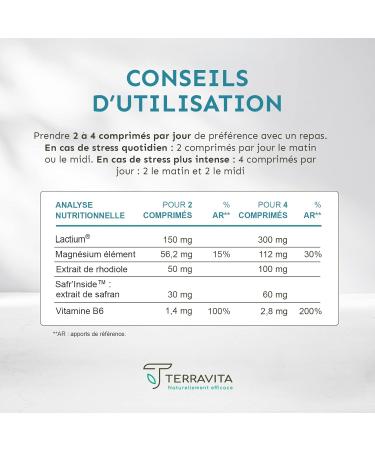 ANTI-STRESS Complex | Stress and Anxiety Reduction | Rhodiola + Marine Magnesium + Vitamin B6 | With Lactium and Safr Inside Patented Saffron | 60 Tablets | Made in France | Terravita - Buy Online on GoSupps.com