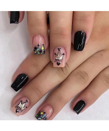 Ceboic 24Pcs Square False Nails Short French Tip Press on Nails with Crown Designs Pink & Black Glossy Removable Glue on Nails Acrylic Full Cover Stick on Nails for Women and Girls Nails Art Pink Crown