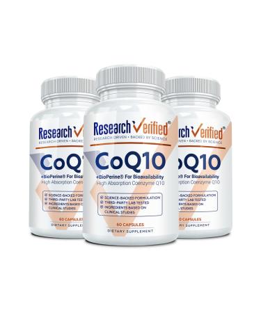 Research Verified CoQ10-100% Pure Extra Strength 300mg CoQ10 Improved Absorption and Bioavailability with Bioperine - Boost Antioxidant Levels, Improve Cardiovascular Health, 180 Vegan Capsules 60 Count (Pack of 3)