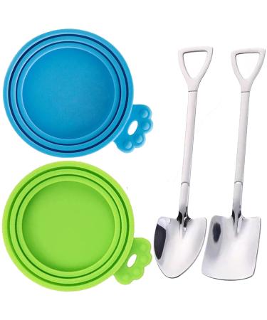 Can Cover Dog Food, 2 Pack Can Dog Food Lids, Universal Silicon Can Lid Fits Most Standard Size Dog and Cat Can Tops, with 2Pcs Stainless Steel Can Food Spoon (Blue+Green+Spoon)
