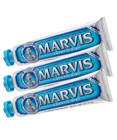 Marvis aquatic mint toothpaste with the cool hint of mint removes plaque and stubborn covering with fluoride 3 x 85 ml 3 pack