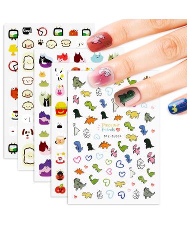 5sheets Cute Nail Stickers for Kids Little Girls Boys Self-Adhesive Cartoon Dinosaur Small Animals Nail Stickers for Nail Art Design Accessories