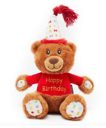 PET LONDON Happy Birthday Bear Dog Toy - Present to Celebrate Dog's Bday or Adoption - Soft Plush Teddy Gift for Dog or Pup with Embroidered Birthday Message Squeaky Stylish Great Animal Gift