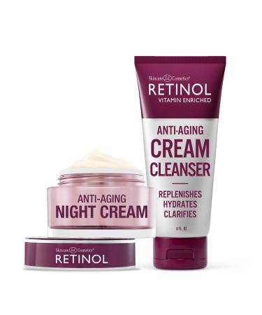 Retinol Night Cream Works While You Sleep to Restore and Reduce Fine Lines and Wrinkles + Retinol Anti-Aging Cream Cleanser Daily Deep Cleansing Facial Wash Exfoliates & Moisturizes