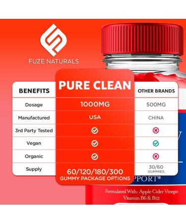 Pure Clean Keto ACV Gummies - Apple Cider Vinegar Supplement for Overall Wellness | 1000MG ACV Folic Acid & Vitamin B12 (60 Gummies - Buy Online on GoSupps.com