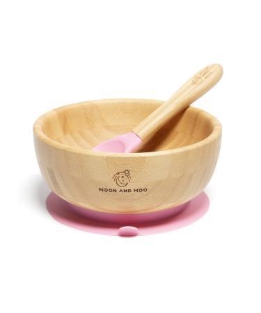 Moon and Moo Bamboo Suction Bowl and Spoon Set for Kids Toddlers and Baby Weaning - Non-Toxic Plastic Free - Stay Put - Baby Suction Bowl - Baby Weaning Set Pink