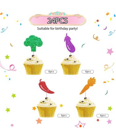 Vegetables Cupcake Toppers Farmer Themed Party Cake Decor Red&Green Glitter Cake Decorations for Baby Shower Vegetable Themed Birthday Party Supplies - 24pcs - Buy Online on GoSupps.com