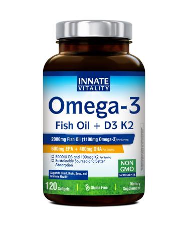 Innate Vitality Omega 3 Fish Oil Supplement, 2000mg Fish Oil Per Serving, EPA 600mg + DHA 400mg with Vitamins D3 K2, Supports Brain & Heart Health, Sustainable & Wild-Caught, 120 Softgels Unflavored 120 Count (Pack of 1)
