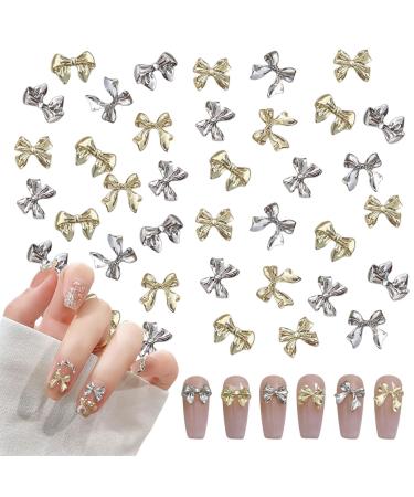 Bow Nail Charms 60PCS Gold Silver Metal Nail Art Bows Bowknot Bow Tie Nail Gems Alloy Nail Art Decorations Supplies for Women Girls Manicure Design DIY Crafts (B Gold & Silver)